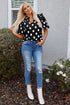 Polka Dot Print Shirred Yoke Notched Neck Balloon Sleeve Blouse