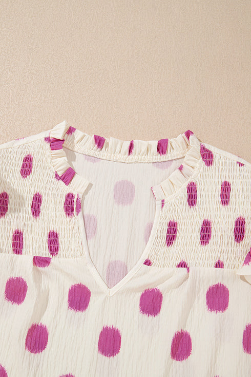 Polka Dot Print Shirred Yoke Notched Neck Balloon Sleeve Blouse