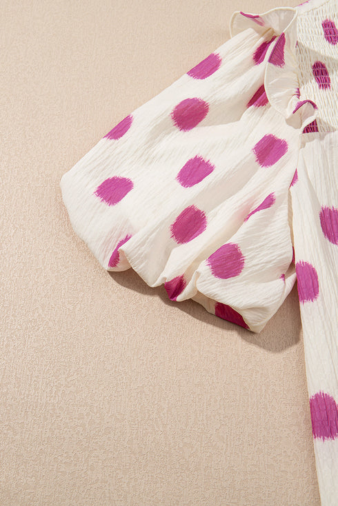 Polka Dot Print Shirred Yoke Notched Neck Balloon Sleeve Blouse
