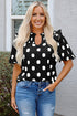 Polka Dot Print Shirred Yoke Notched Neck Balloon Sleeve Blouse