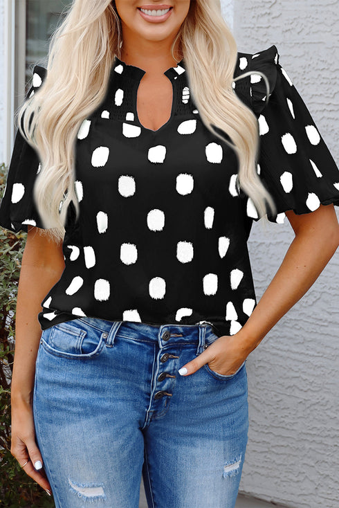 Polka Dot Print Shirred Yoke Notched Neck Balloon Sleeve Blouse