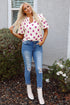 Polka Dot Print Shirred Yoke Notched Neck Balloon Sleeve Blouse