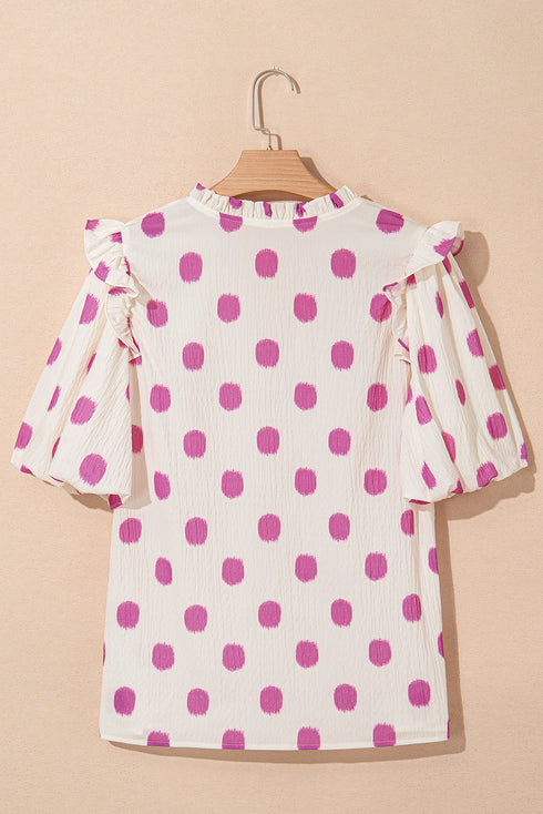 Polka Dot Print Shirred Yoke Notched Neck Balloon Sleeve Blouse