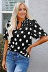 Polka Dot Print Shirred Yoke Notched Neck Balloon Sleeve Blouse