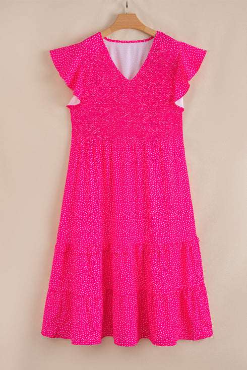 Polka Dot Print Smocked Ruffle Sleeve Midi Dress