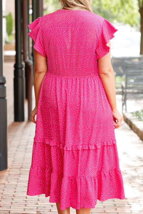 Polka Dot Print Smocked Ruffle Sleeve Midi Dress