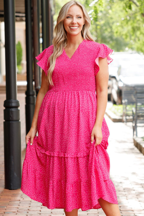 Polka Dot Print Smocked Ruffle Sleeve Midi Dress