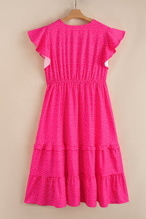 Polka Dot Print Smocked Ruffle Sleeve Midi Dress