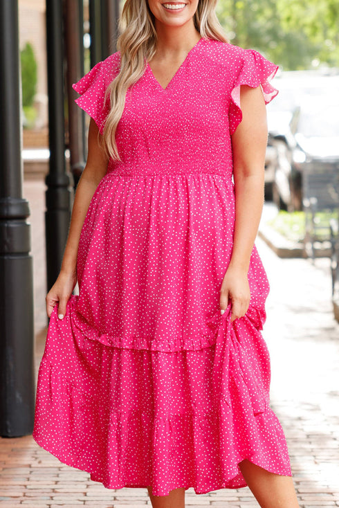 Polka Dot Print Smocked Ruffle Sleeve Midi Dress