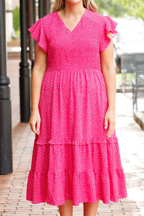 Polka Dot Print Smocked Ruffle Sleeve Midi Dress