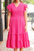 Polka Dot Print Smocked Ruffle Sleeve Midi Dress