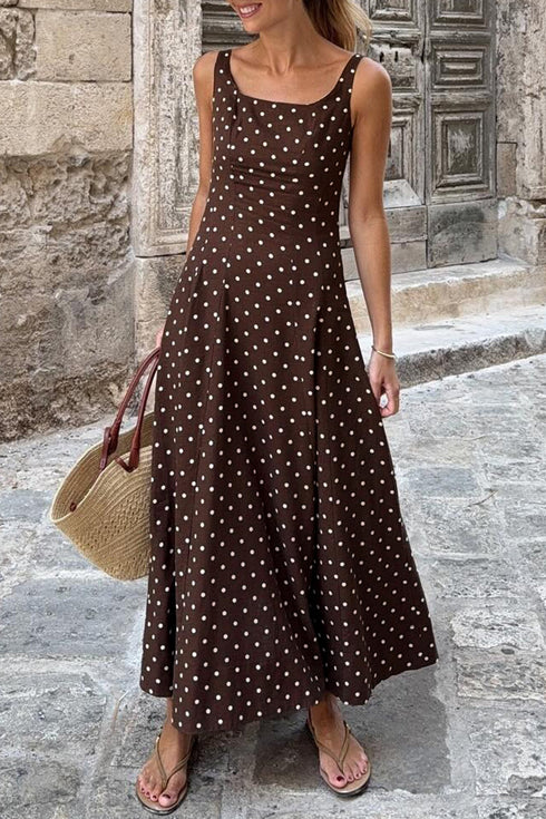 Polka Dot Print Square Neck Sleeveless A-Line Maxi Dress