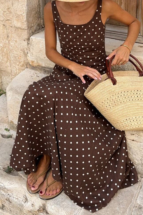 Polka Dot Print Square Neck Sleeveless A-Line Maxi Dress