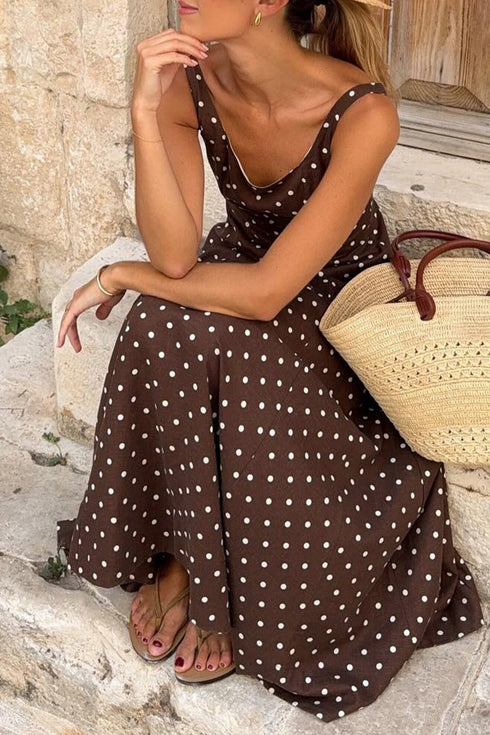 Polka Dot Print Square Neck Sleeveless A-Line Maxi Dress