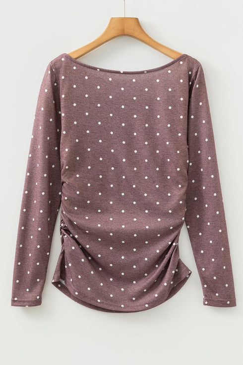 Polka Dot Print Stretch Knit Boat Neck Top