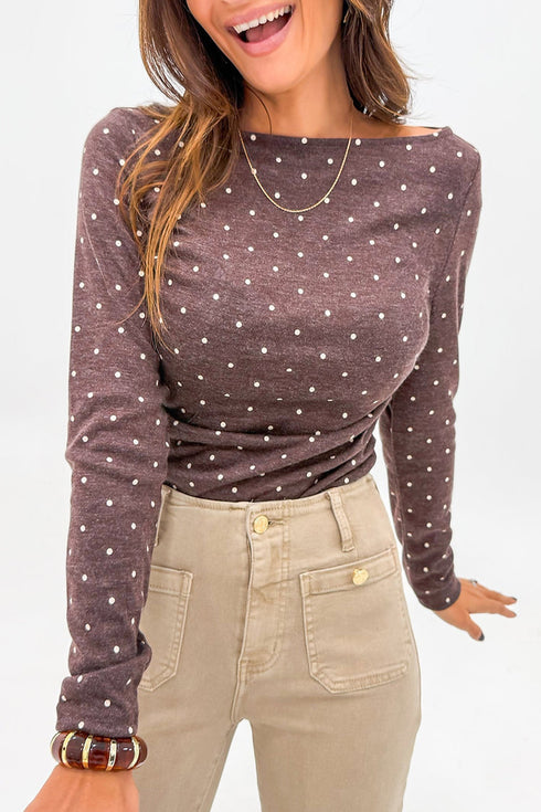 Polka Dot Print Stretch Knit Boat Neck Top