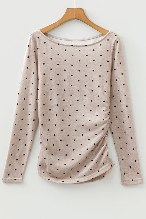 Polka Dot Print Stretch Knit Boat Neck Top