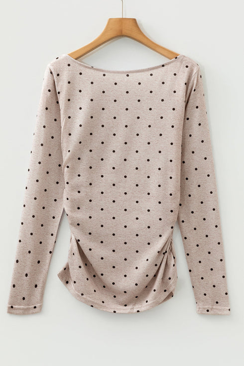 Polka Dot Print Stretch Knit Boat Neck Top