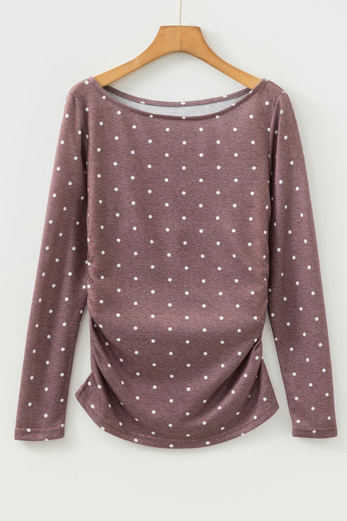 Polka Dot Print Stretch Knit Boat Neck Top