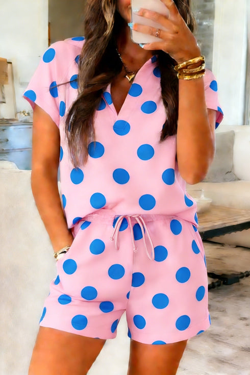 Polka Dot Print V Neck Active Tee Short Set