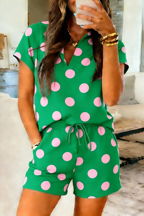 Polka Dot Print V Neck Active Tee Short Set