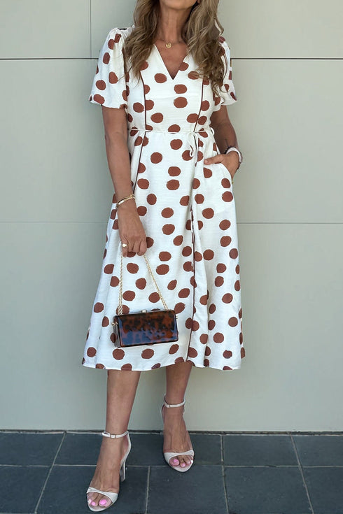 Polka Dot Print V Neck Tie Waist Midi Dress