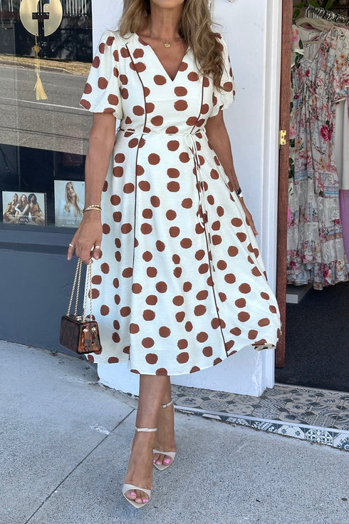 Polka Dot Print V Neck Tie Waist Midi Dress
