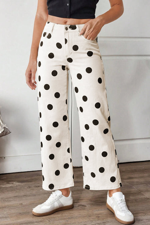 Polka Dot Print Wide Leg Ankle Length Denim Jeans