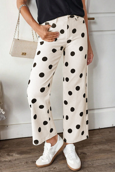 Polka Dot Print Wide Leg Ankle Length Denim Jeans