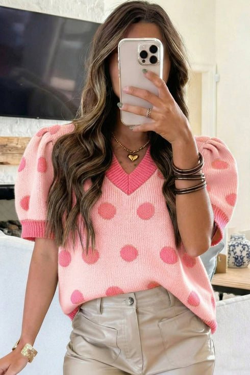 Polka Dot Puff Sleeve Knit Short Sleeve Sweater