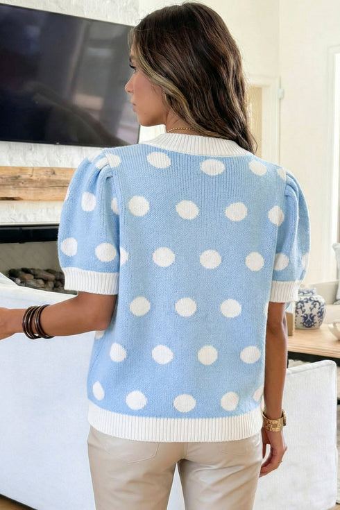 Polka Dot Puff Sleeve Knit Short Sleeve Sweater