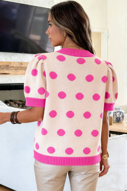 Polka Dot Puff Sleeve Knit Short Sleeve Sweater