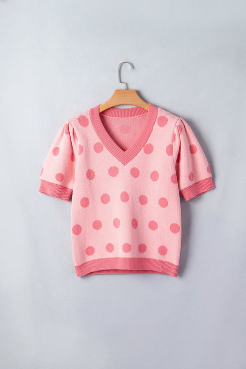 Polka Dot Puff Sleeve Knit Short Sleeve Sweater