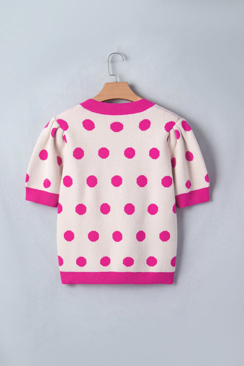 Polka Dot Puff Sleeve Knit Short Sleeve Sweater