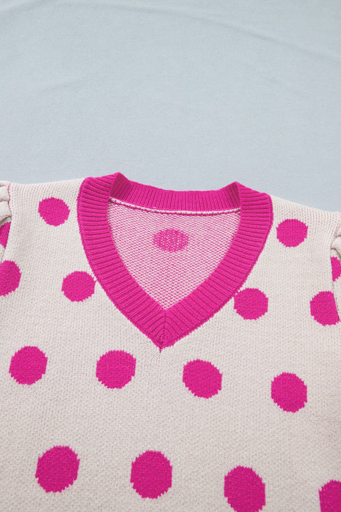 Polka Dot Puff Sleeve Knit Short Sleeve Sweater