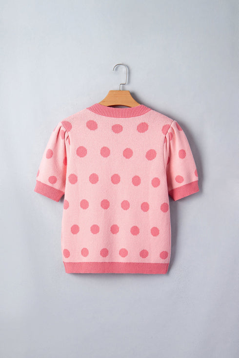 Polka Dot Puff Sleeve Knit Short Sleeve Sweater