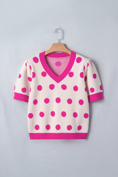 Polka Dot Puff Sleeve Knit Short Sleeve Sweater
