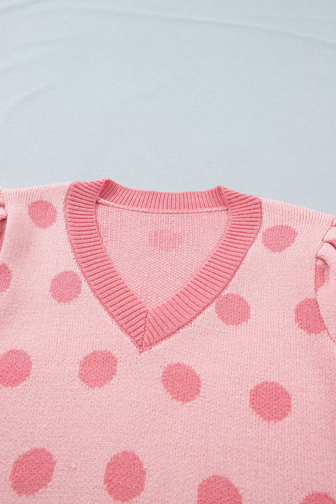 Polka Dot Puff Sleeve Knit Short Sleeve Sweater