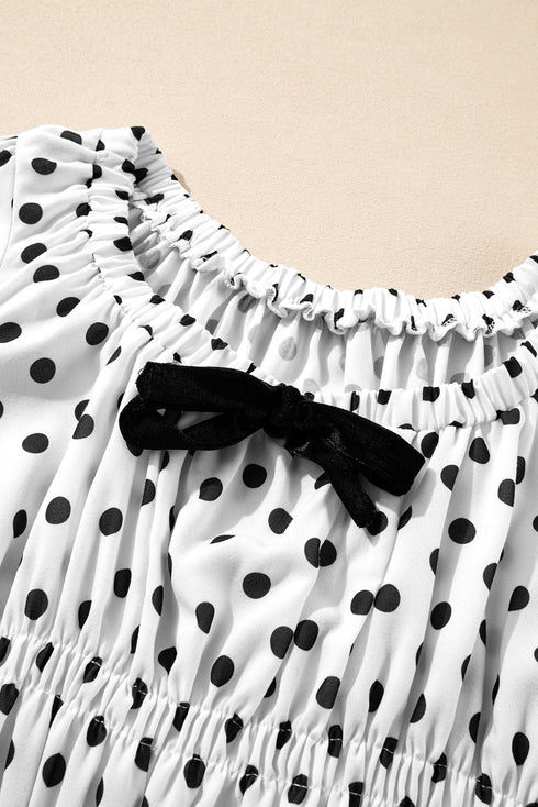 Polka Dot Puff Sleeve Square Neck Peplum Blouse