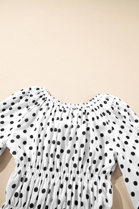 Polka Dot Puff Sleeve Square Neck Peplum Blouse