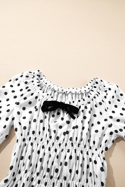 Polka Dot Puff Sleeve Square Neck Peplum Blouse