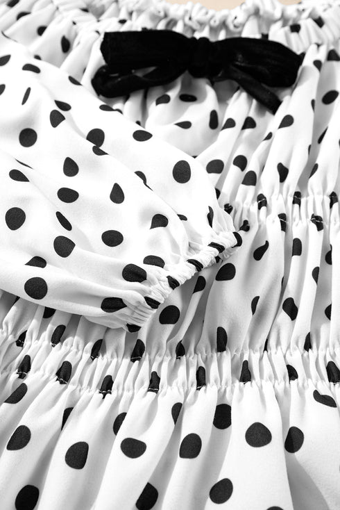 Polka Dot Puff Sleeve Square Neck Peplum Blouse