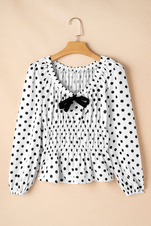 Polka Dot Puff Sleeve Square Neck Peplum Blouse