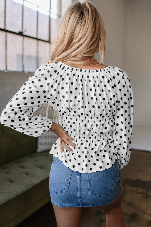 Polka Dot Puff Sleeve Square Neck Peplum Blouse