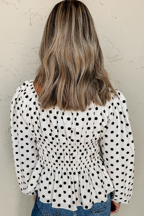 Polka Dot Puff Sleeve Square Neck Peplum Blouse
