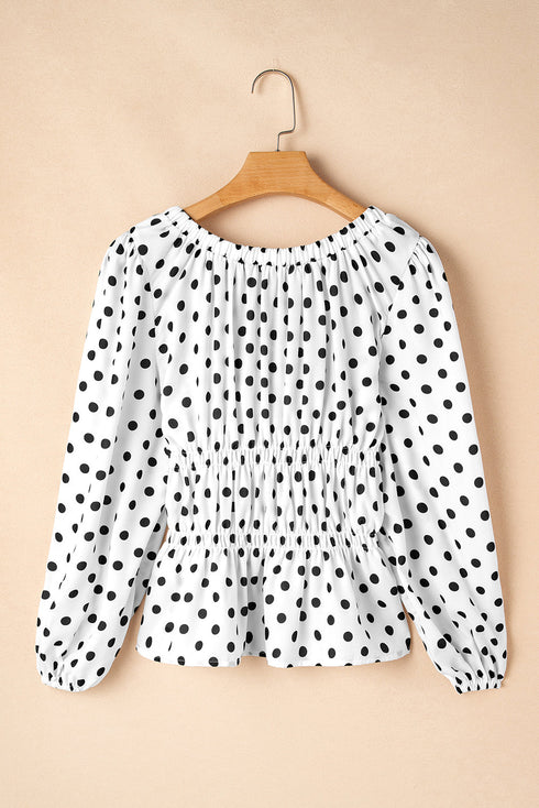 Polka Dot Puff Sleeve Square Neck Peplum Blouse