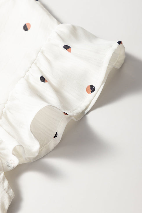 Polka Dot Puff Sleeve Textured V Neck Blouse