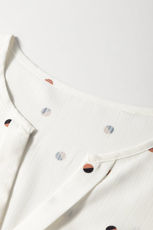 Polka Dot Puff Sleeve Textured V Neck Blouse