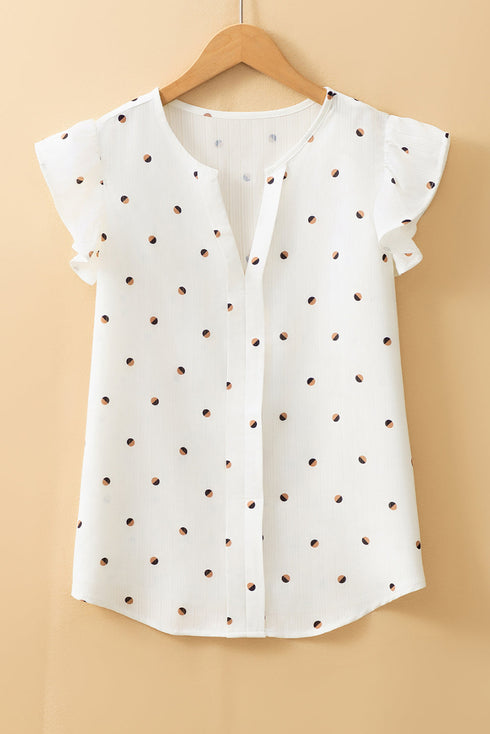 Polka Dot Puff Sleeve Textured V Neck Blouse