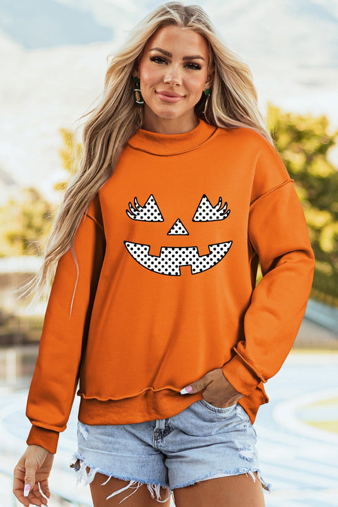 Polka Dot Pumpkin Face Graphic Pullover Sweatshirt